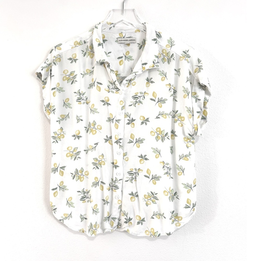 Alexander Jordan Lemon Print Short Sleeve Button Up Blouse White Citrus